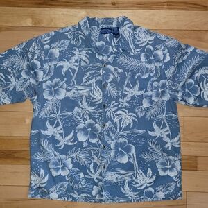 Mens OP Blue And White  Hawaiian Floral Men's Shirt Size L
